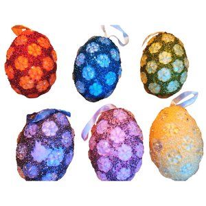 Six Vintage Gorgeous Jeweled Easter Eggs 3" Decor Beaded Multi Color Hanging SfP